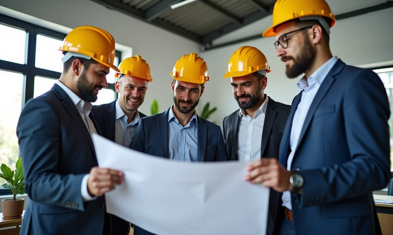 Engenheiros civis discutem projeto em escritório moderno e diverso.
