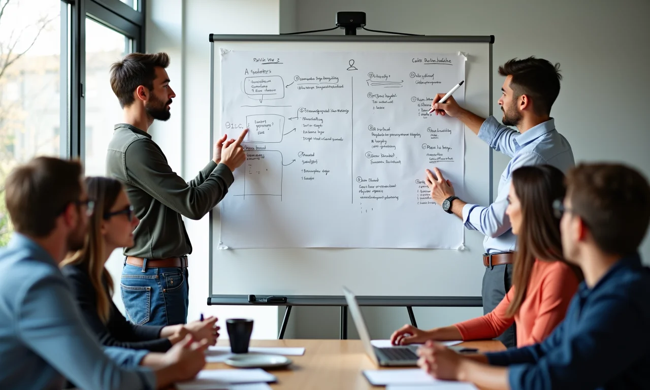 Equipe ágil adaptando a estratégia em uma reunião.