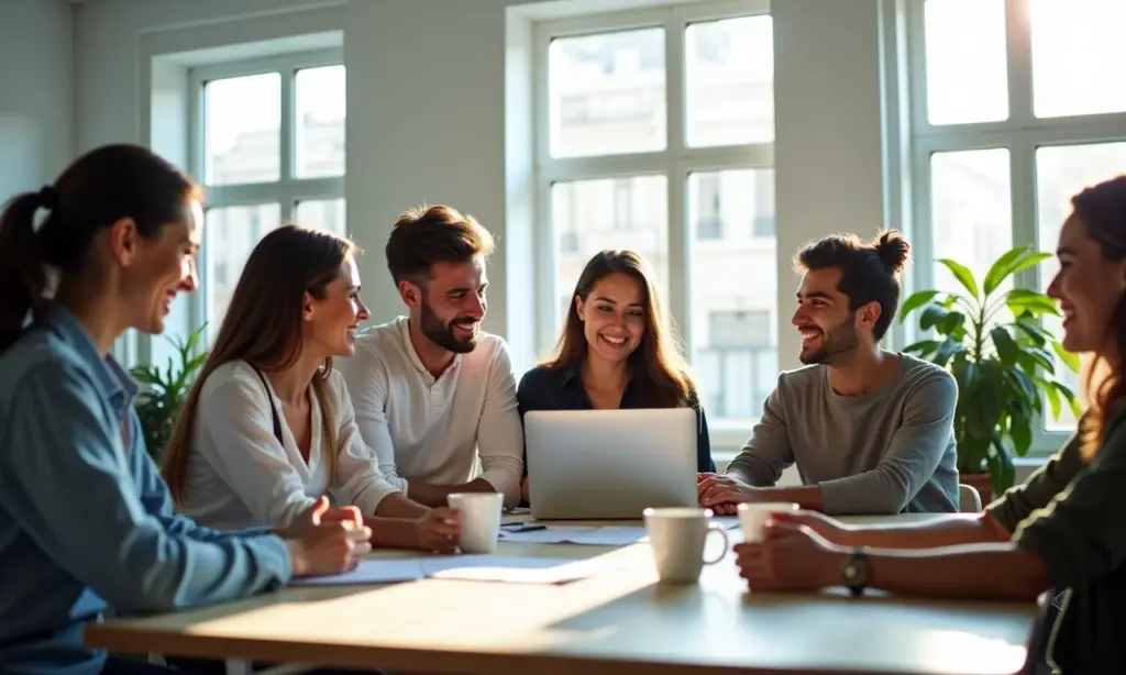 Equipe brasileira trabalhando feliz em escritório moderno, praticando a semana de 4 dias.