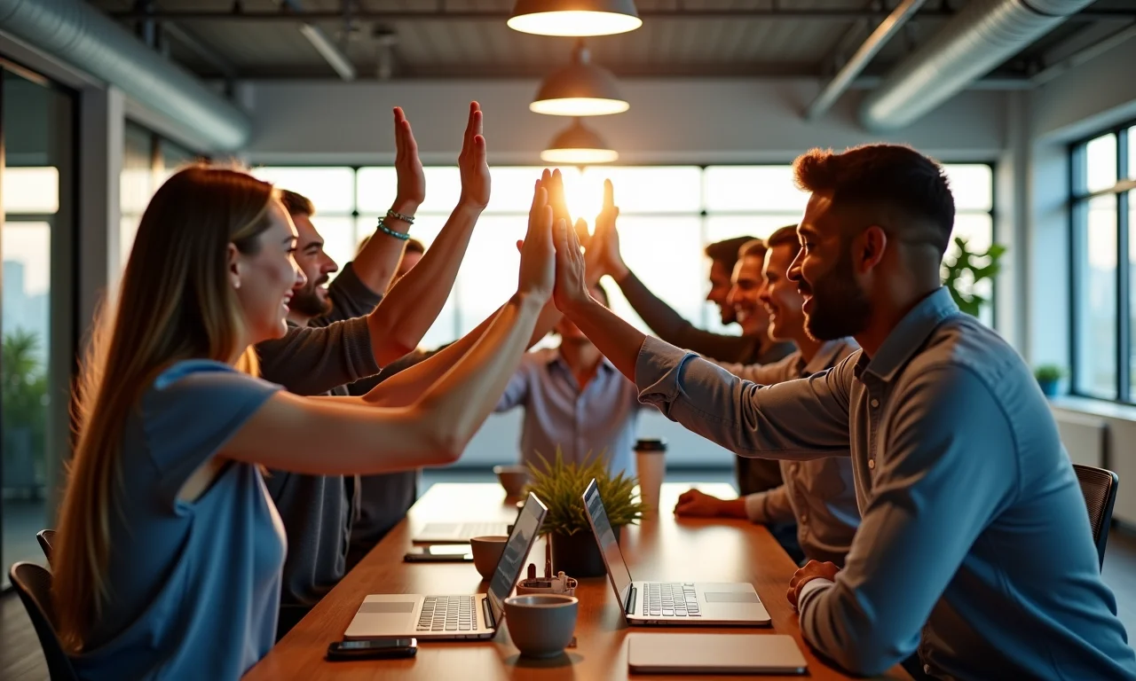 Equipe comemora o sucesso de um sprint comemorando com alegria.