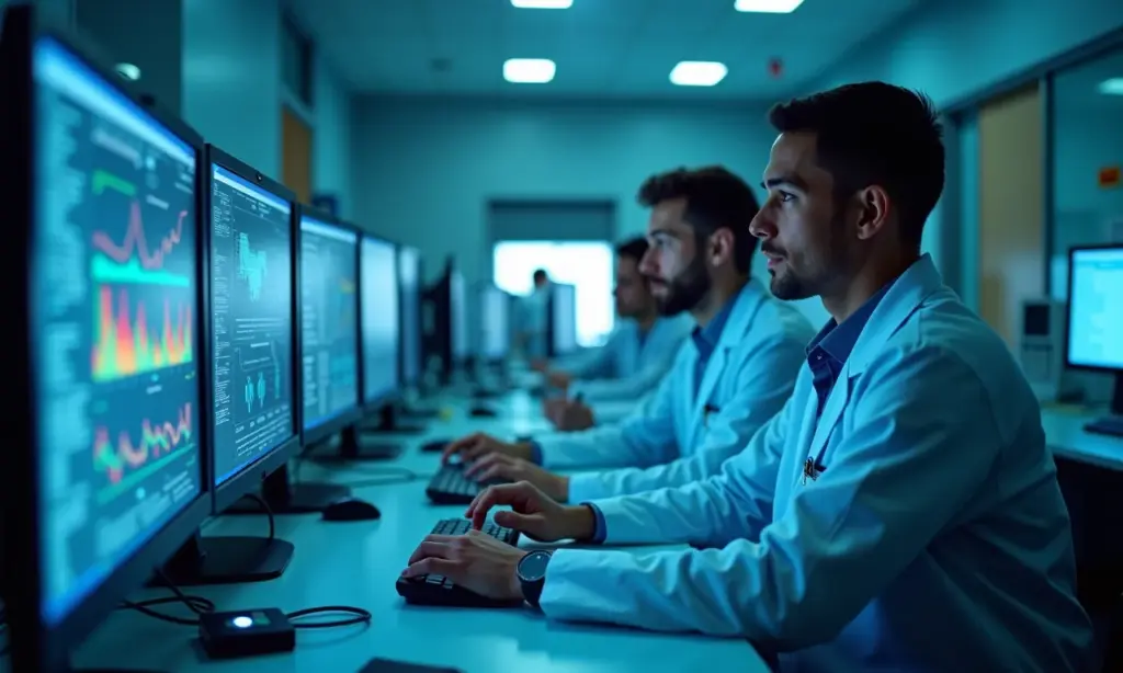 Equipe de físicos médicos trabalhando em laboratório moderno.