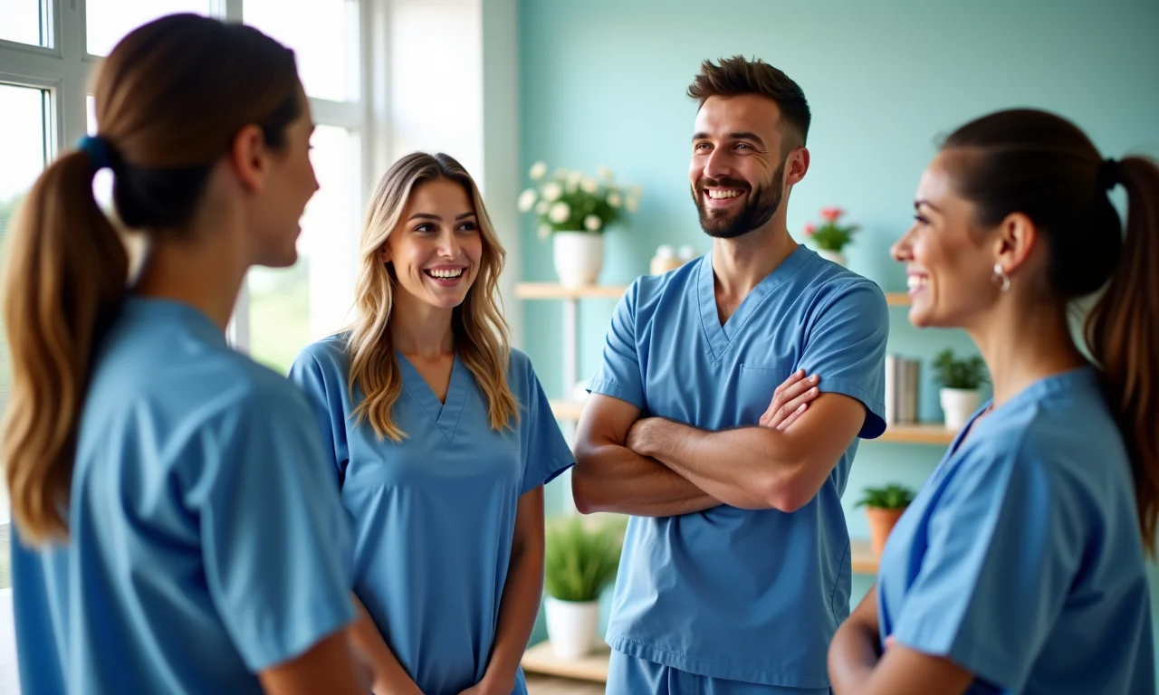 Equipe de fisioterapeutas comunicativos discutindo caso de paciente.