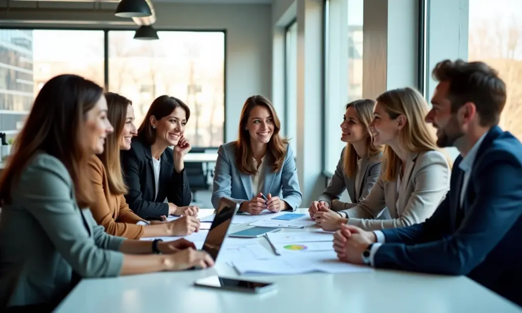 Equipe de mídias sociais analisando dados e planejando estratégias em escritório moderno.