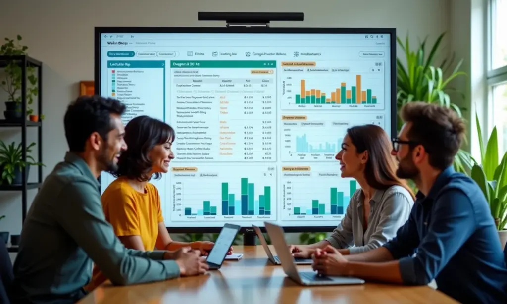 Equipe diversa analisando gráficos de salários de Scrum Masters em um quadro Kanban digital.