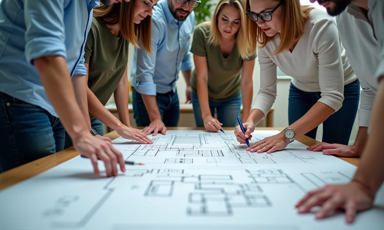 Equipe diversa analisando plantas de projeto de edificação.