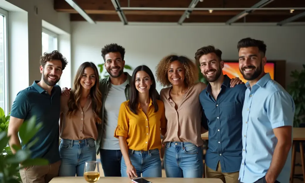 Como Ser Promovido 7 Passos Para Crescer na Empresa Equipe diversa celebrando promoção no trabalho em ambiente moderno com toques brasileiros.