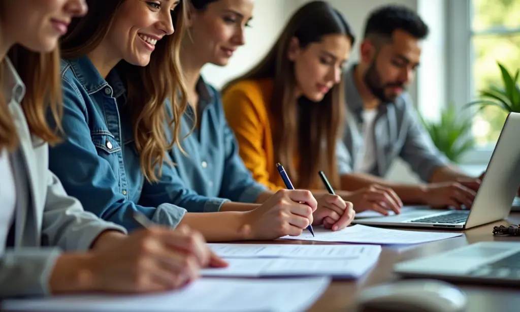 Equipe diversa colaborando em documento Google Docs em tempo real.
