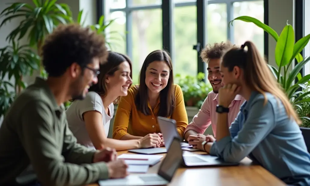 Equipe diversa colaborando em escritório, demonstrando empatia.