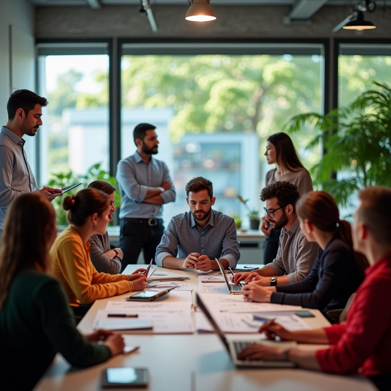 Guia de Gestão de Projetos Para Iniciantes Equipe diversa colaborando em planejamento de projeto em escritório brasileiro moderno.
