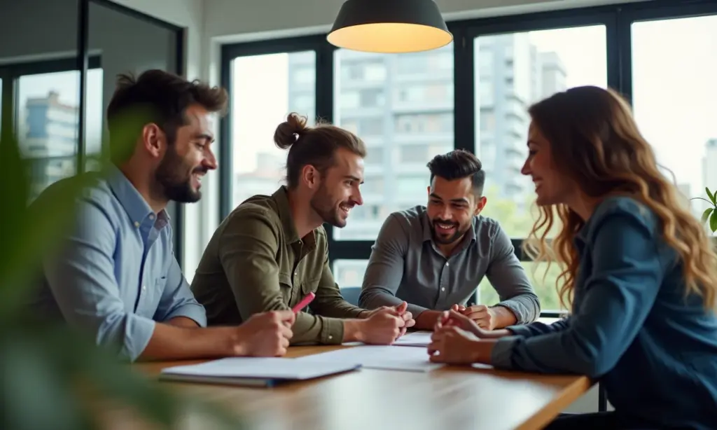 UX e UI Design Qual a Diferença e Como Trabalham Juntos Equipe diversa colaborando em projeto de UX/UI Design em escritório moderno e iluminado no Brasil.