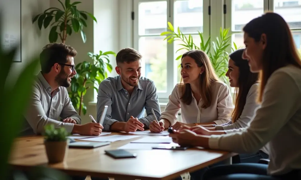 Equipe diversa colaborando em um ambiente de trabalho positivo e iluminado.