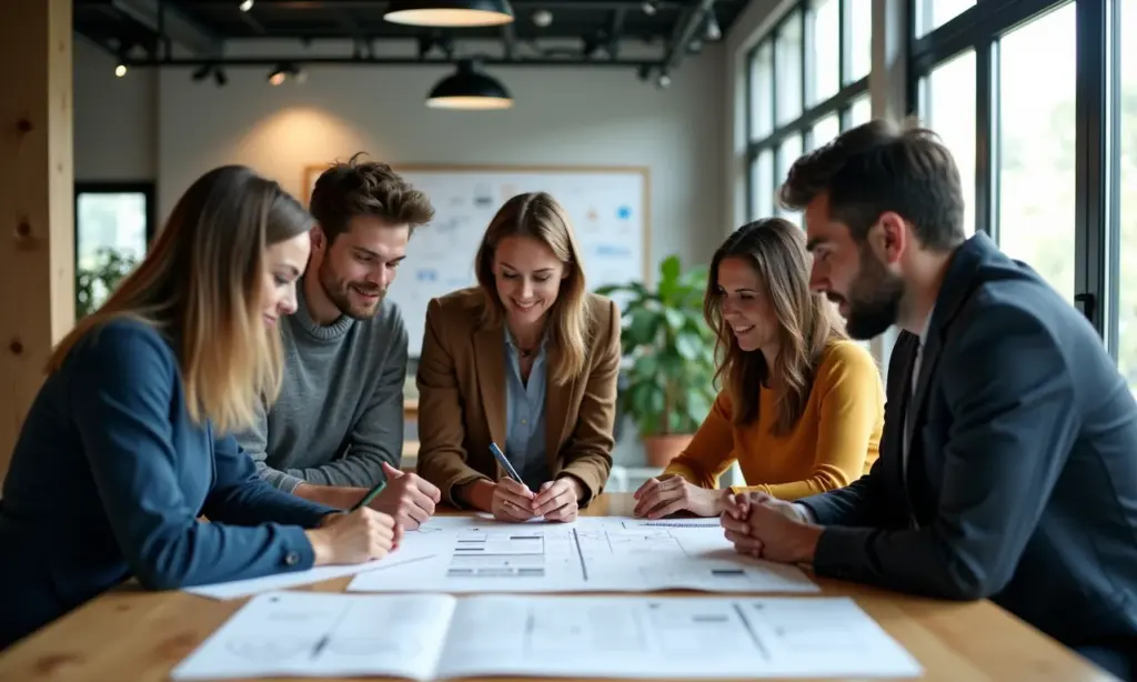 Equipe diversa de UX designers colaborando em wireframe em escritório moderno e iluminado.