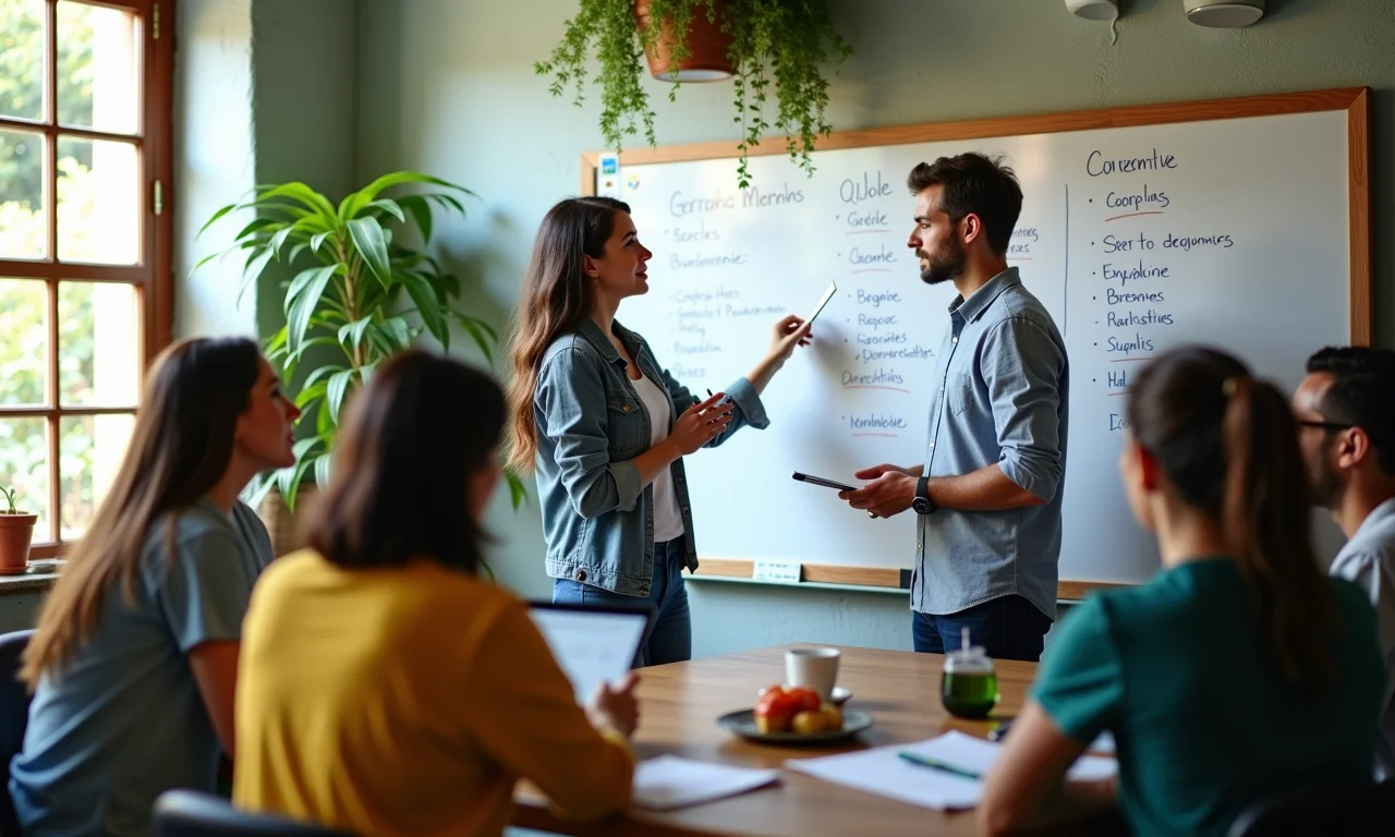 Equipe diversa discutindo modelos de implementação da semana de 4 dias em escritório brasileiro.