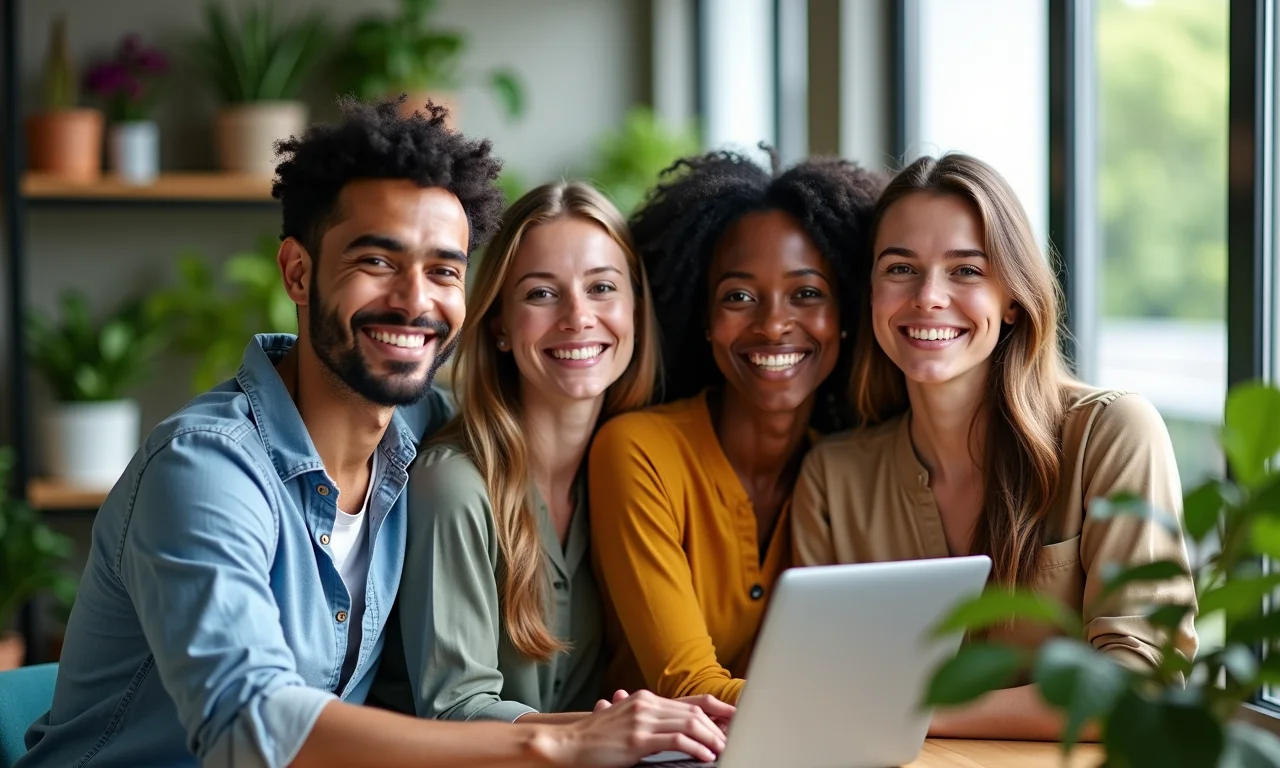 Equipe diversa em ambiente de trabalho inclusivo com decoração vibrante e moderna.