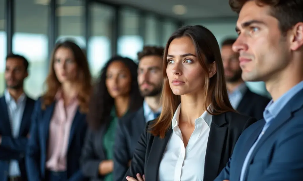 Empresa é Obrigada a Ter Canal de Denúncias de Assédio Equipe diversa reunida em um escritório, demonstrando preocupação e determinação em relação a questões éticas no trabalho.