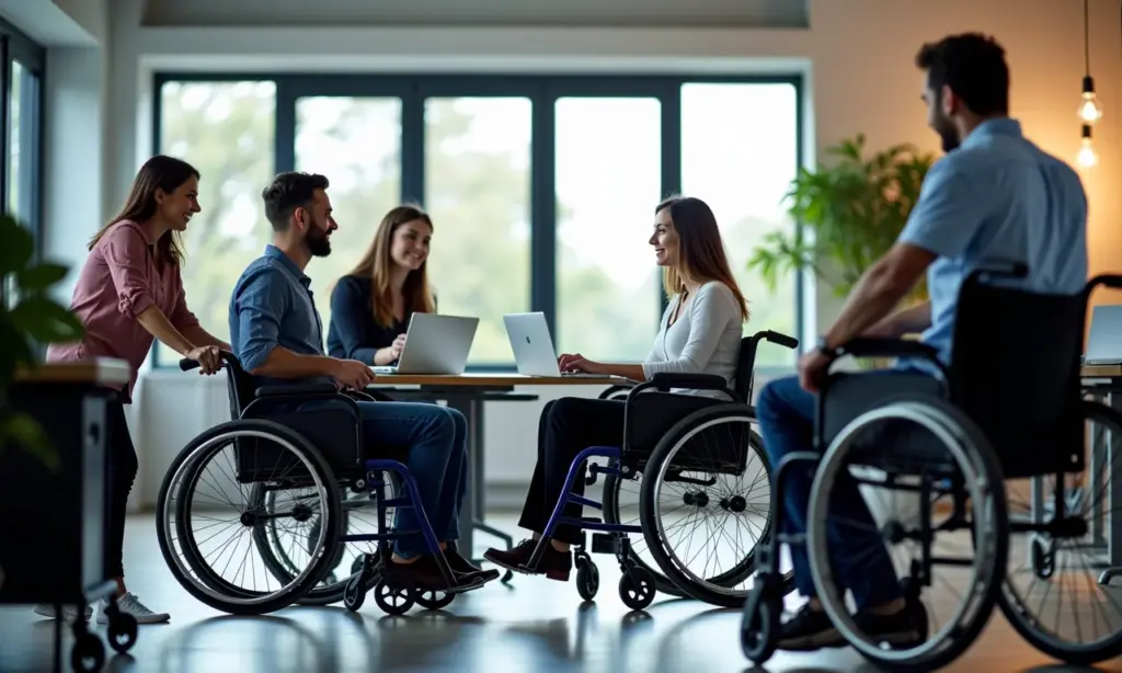 Lei de Cotas Para PCD Como Funciona a Contratação Equipe diversa trabalhando em escritório acessível, representando inclusão de PCDs.