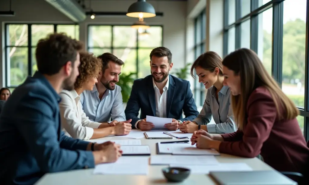 Curso de Liderança Desenvolva Habilidades Para Comandar Equipes Equipe diversa trabalhando junta em escritório moderno, demonstrando liderança e colaboração.