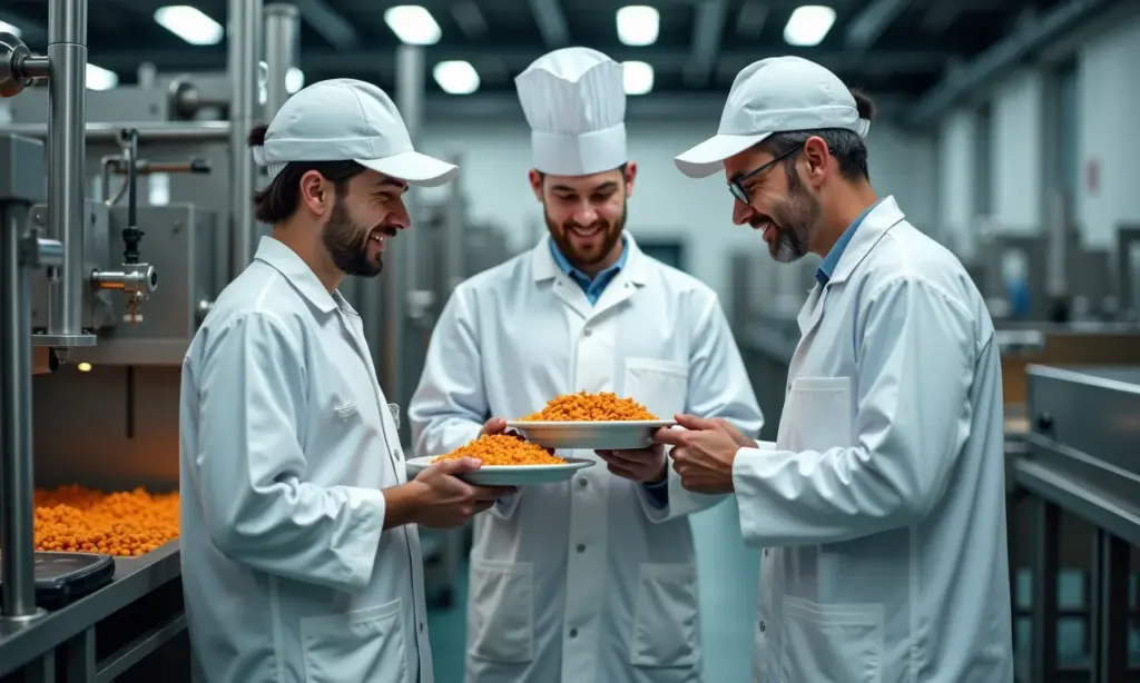 Engenharia de Alimentos Tudo Sobre o Curso e a Indústria Equipe diversificada de engenheiros de alimentos trabalhando em planta industrial moderna.