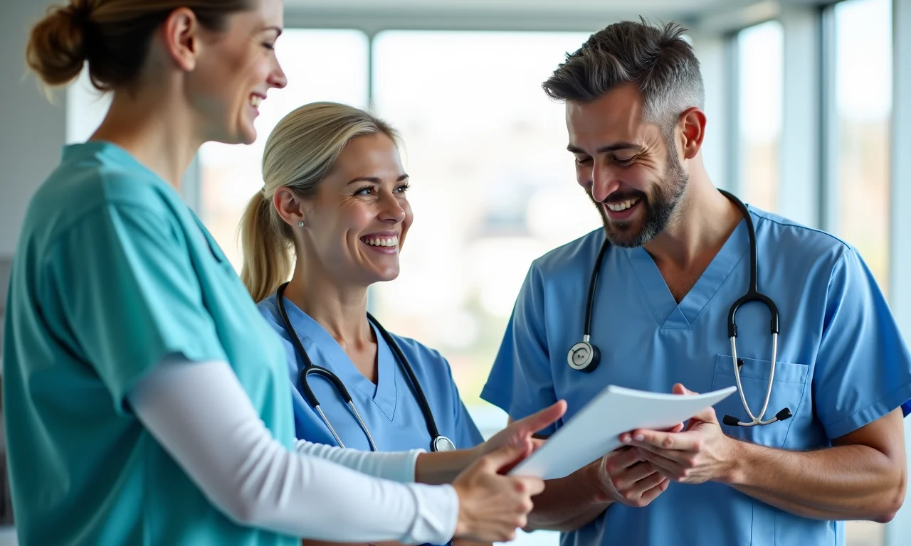 Equipe multidisciplinar de profissionais da saúde em ambiente de trabalho acolhedor e moderno.