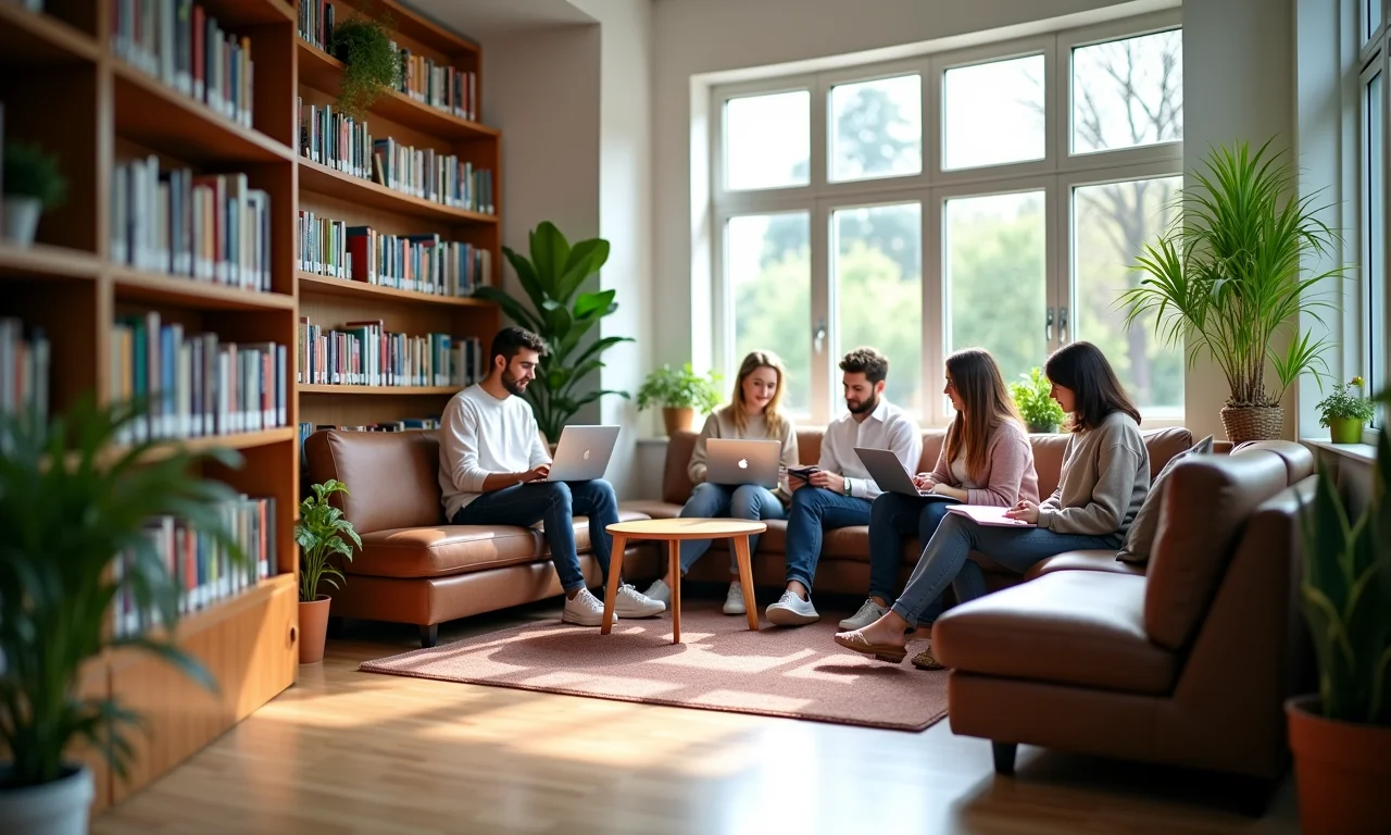 Espaço de estudo colaborativo em biblioteca pública.