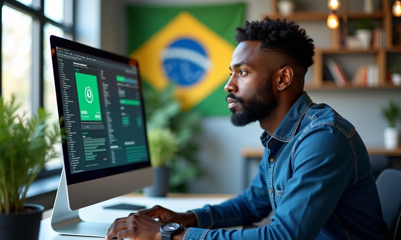 Especialista em cibersegurança analisando dados, focado e determinado.