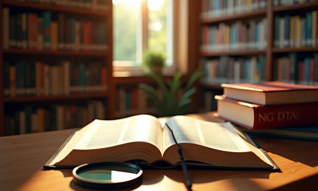 Faculdade de Teologia Um Guia Sobre o Estudo das Religiões Estante de biblioteca iluminada com livros de teologia, Bíblia aberta e lupa.