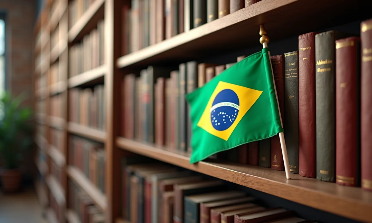 Estantes cheias de livros de história com a bandeira do Brasil.