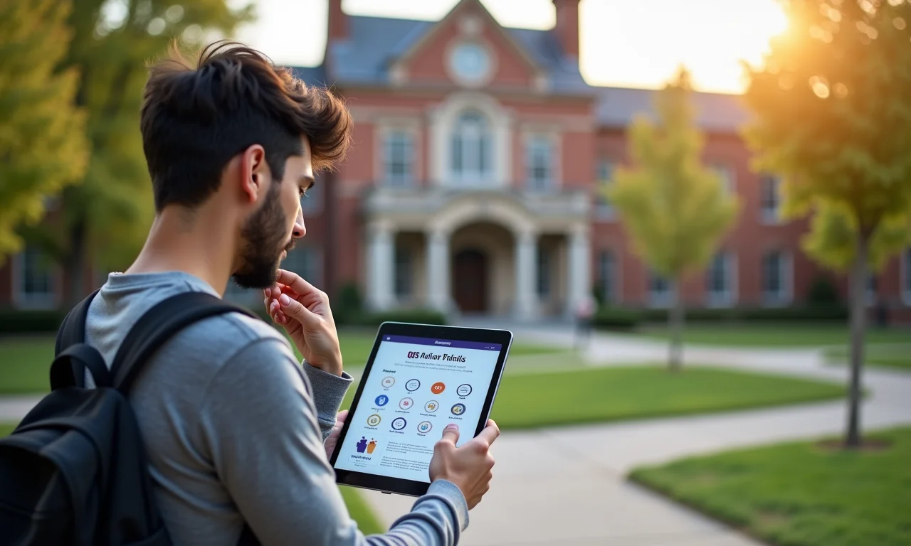 Estudante analisando o Ranking QS em um tablet, com campus universitário ao fundo.