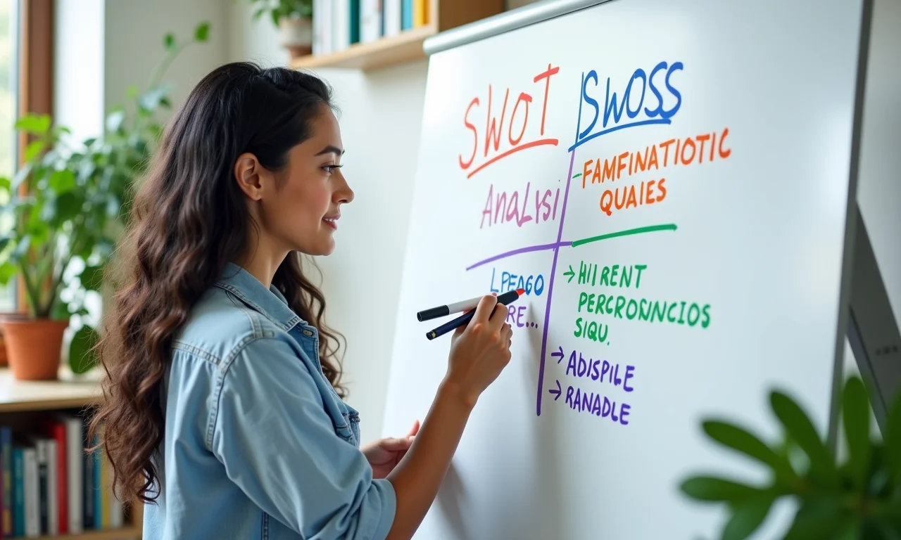 Estudante brasileiro fazendo análise SWOT em quadro branco.