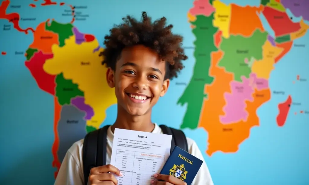 Estudante brasileiro sorrindo com passaporte e nota do ENEM, mapa de Portugal ao fundo.