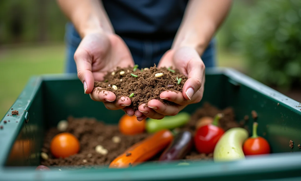 Estudante compostando restos de comida em lixeira de compostagem.