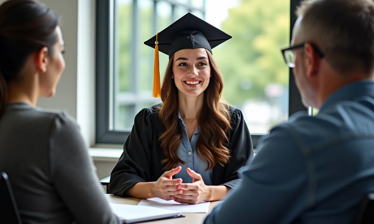 Estudante confiante em entrevista para mestrado.