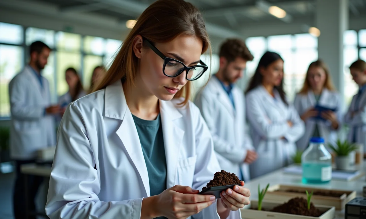 Estudante de agronomia analisando amostra de solo em laboratório.