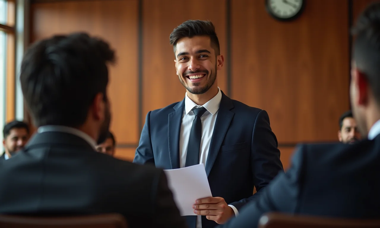 Estudante de direito recebendo feedback positivo após apresentação.