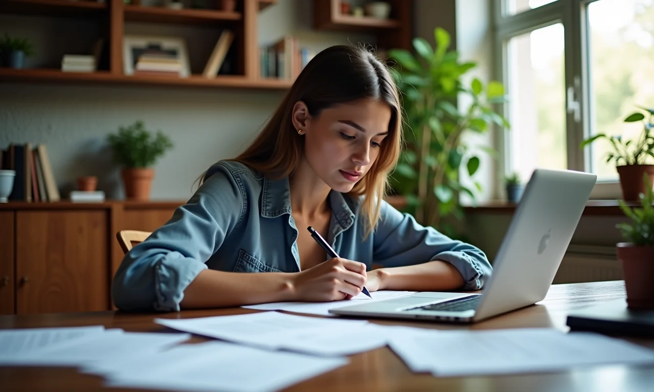 Estudante de direito redigindo objetivo de currículo em casa.