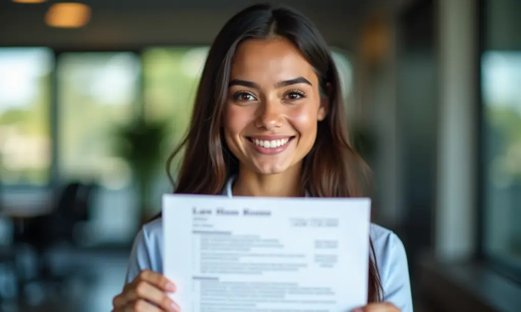 Modelo de Currículo Para Estágio de Direito Conquiste a Vaga Estudante de direito sorrindo, segurando currículo para estágio.