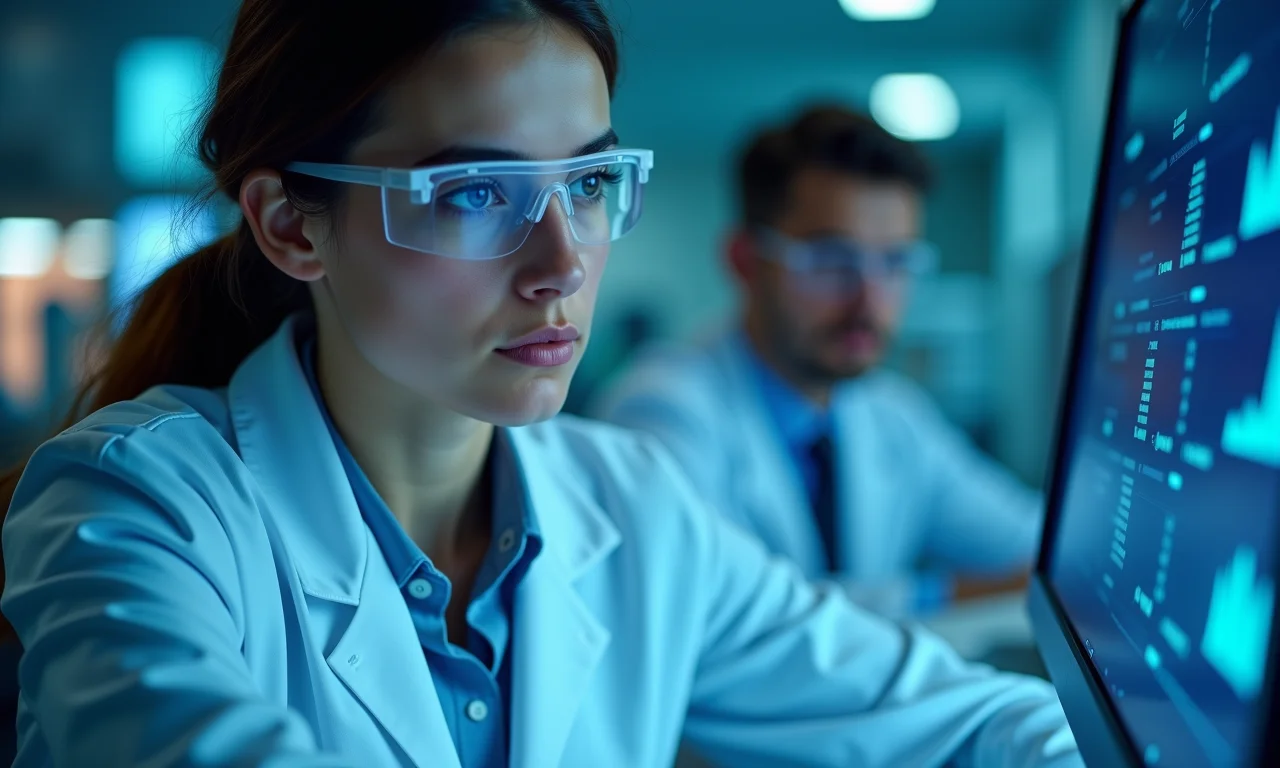 Estudante de mestrado analisando dados em laboratório de genética.