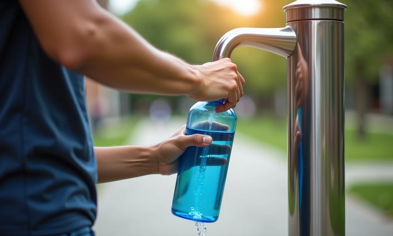 Estudante enchendo garrafa reutilizável em bebedouro no campus.