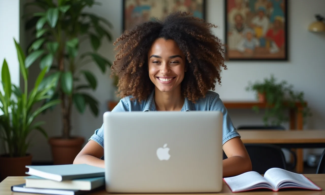 Estudante estudando com laptop e livros em um ambiente aconchegante, preparando-se para o estágio.