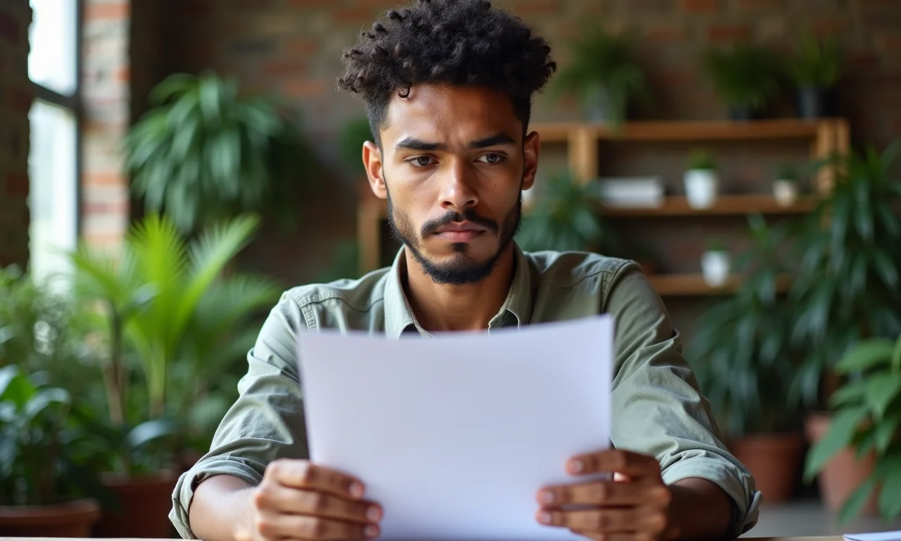 Estudante lendo documento sobre o processo de cancelamento de matrícula com expressão séria.