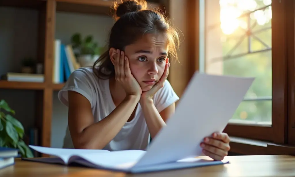Duvidas Sobre Cancelamento de Matricula na Faculdade Procedimentos Estudante preocupado analisando documentos da faculdade sob luz natural, representando o estresse acadêmico.