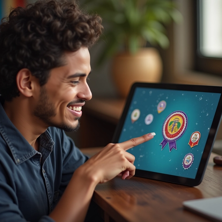 Estudante sorrindo ao receber medalha virtual em tablet durante aula.