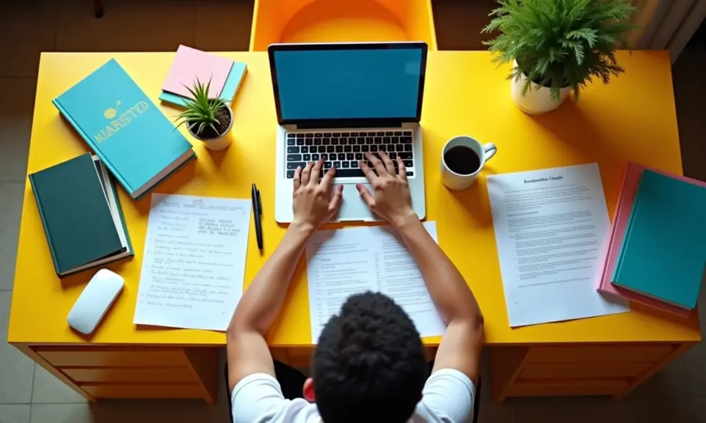 Estudante transformando anotações do TCC em artigo científico no computador.