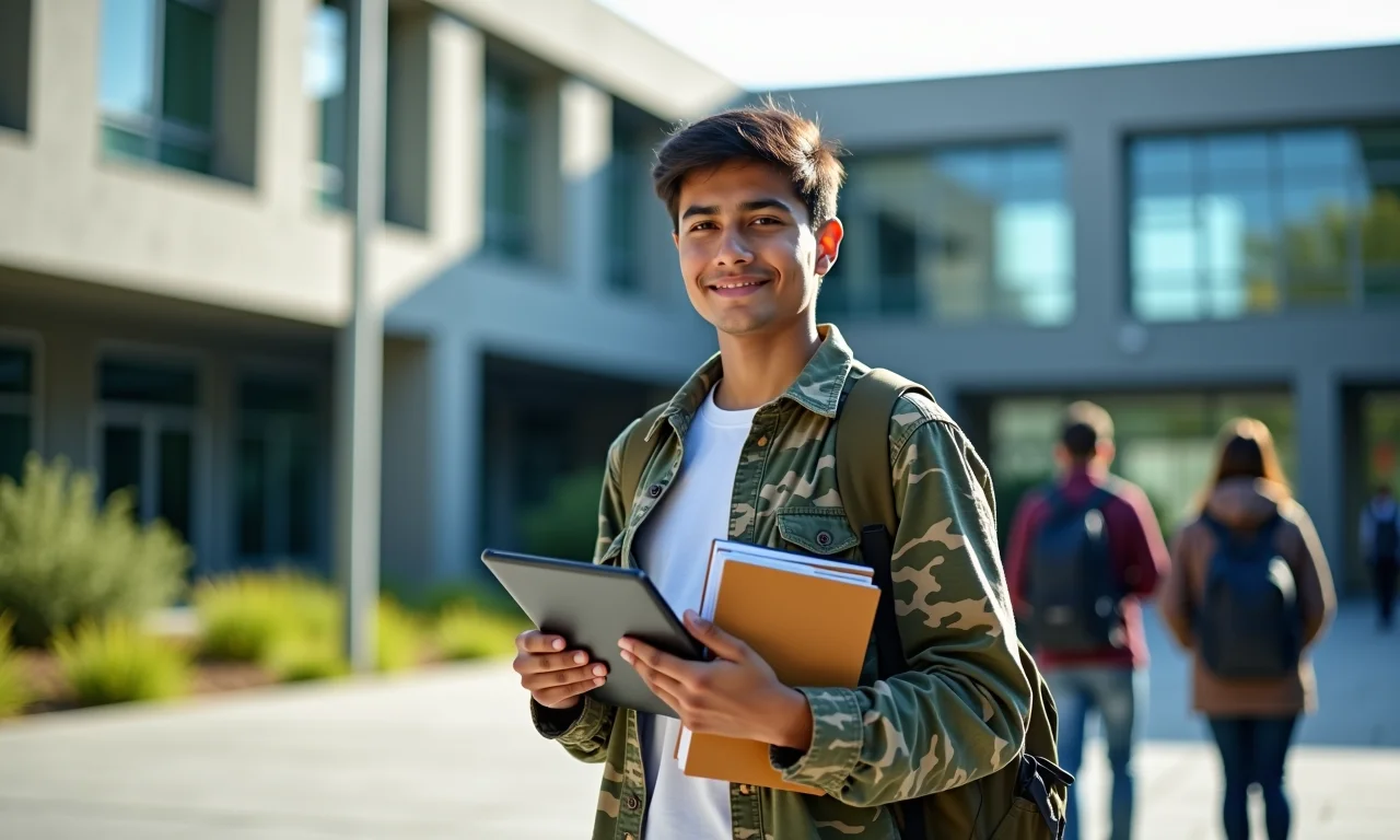 Estudante universitário brasileiro em campus moderno, cursando nível superior para estágio técnico.