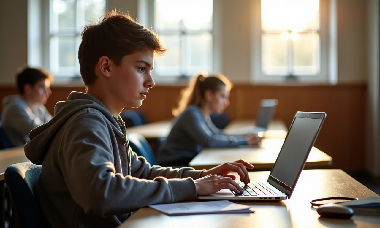 Estudante usa tecnologia assistiva em sala de aula.