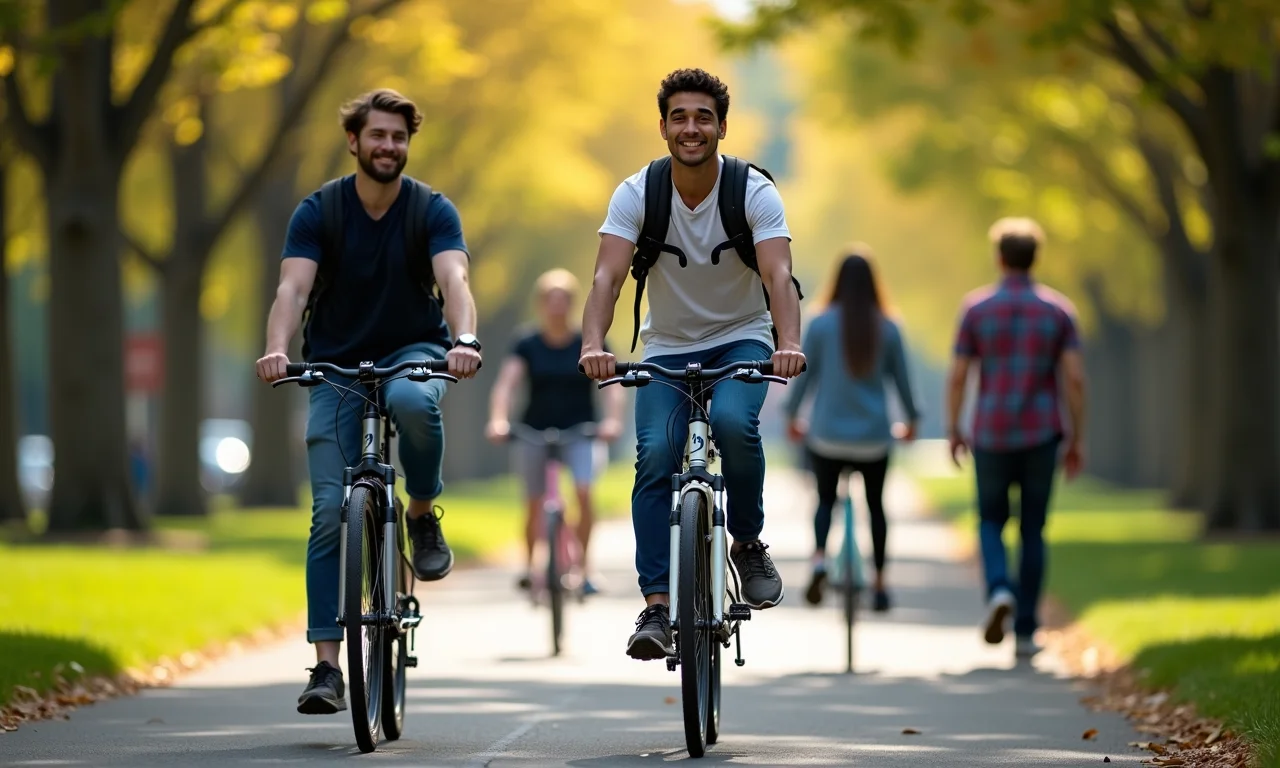 Estudantes andando de bicicleta e a pé em campus arborizado.