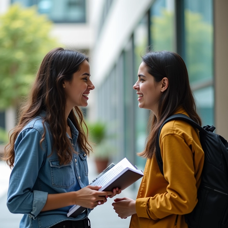 Estudantes brasileiros discutindo estudos em campus universitário moderno.