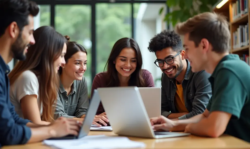 Diferença Entre Horas Complementares e Atividades Extracurriculares Entenda Estudantes brasileiros engajados em atividades complementares em biblioteca moderna.