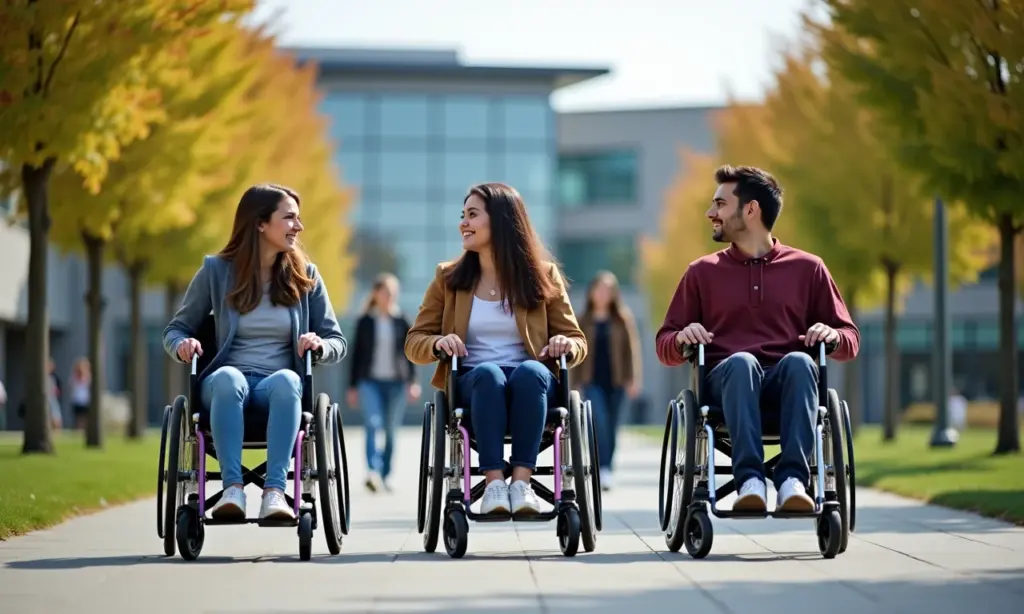 Estudantes com deficiência em campus universitário acessível.