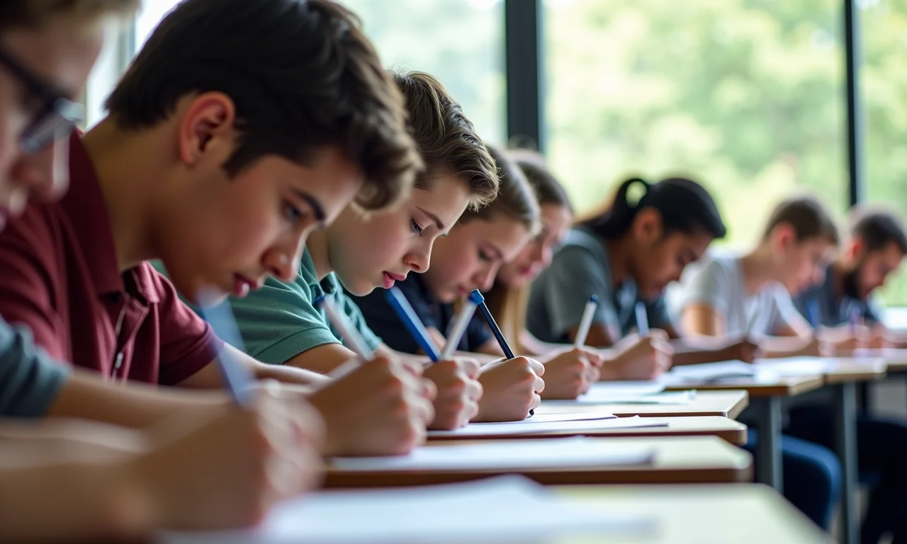 Estudantes concentrados em prova escrita.